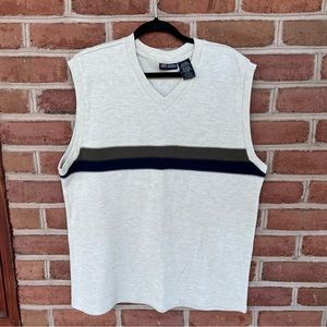 Men’s V-neck sweater vest. beige with navy and brown stripe. Size L